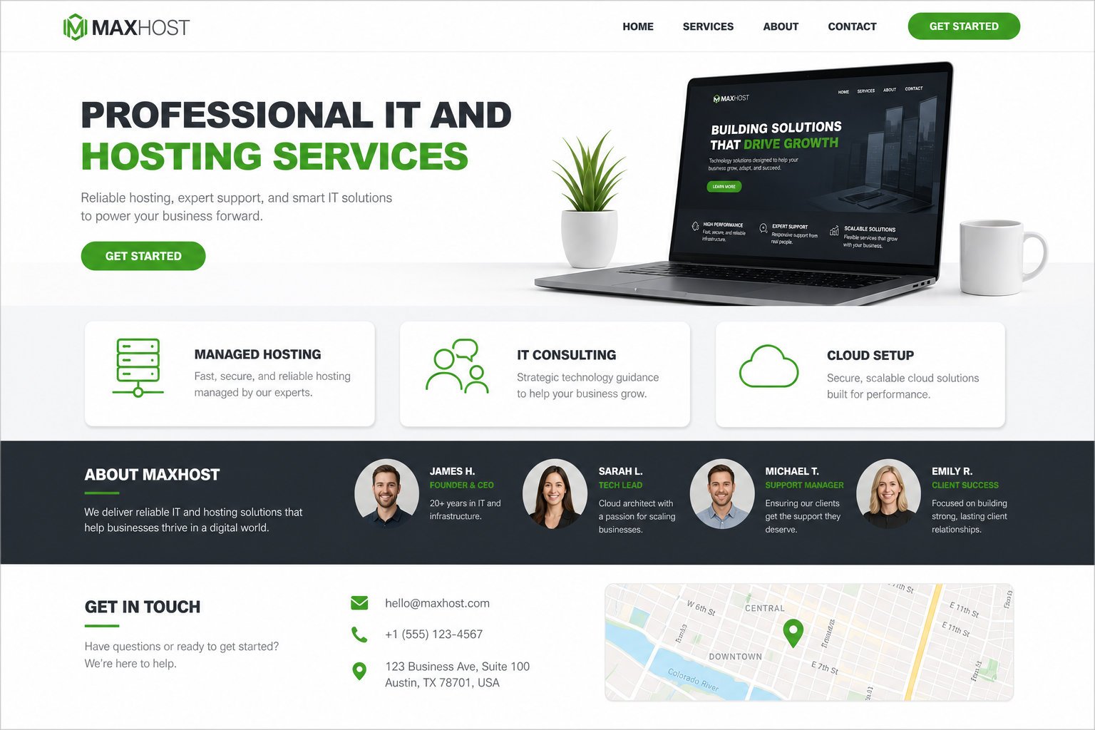 MaxHost corporate and agency demo homepage with services grid, hero banner, and navigation