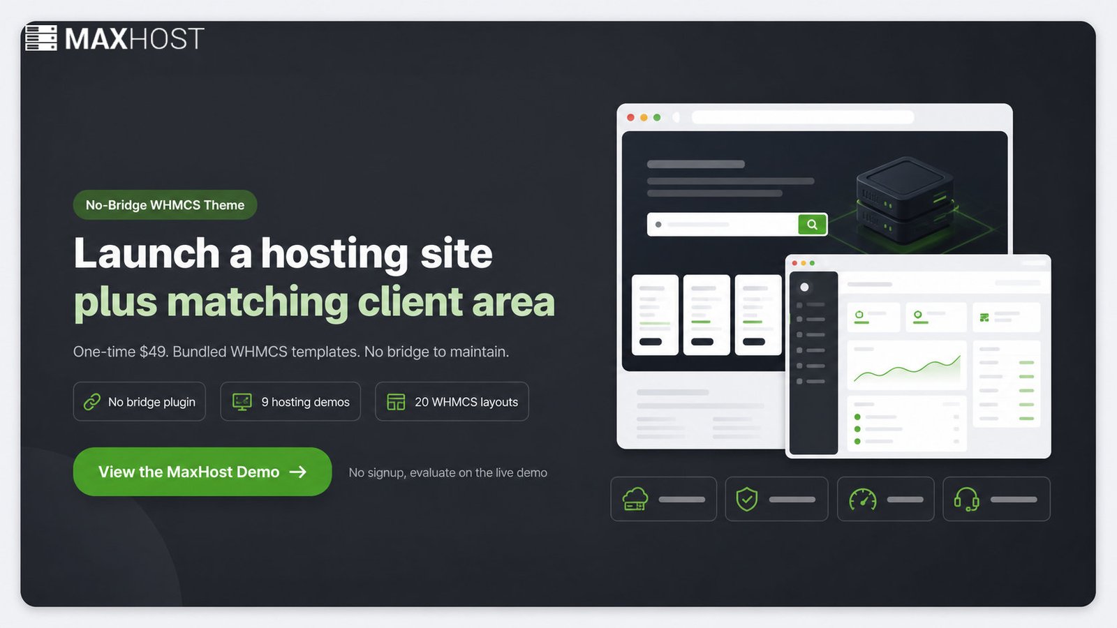 View the MaxHost demo: a one-time $49 hosting theme with bundled WHMCS templates and no bridge plugin
