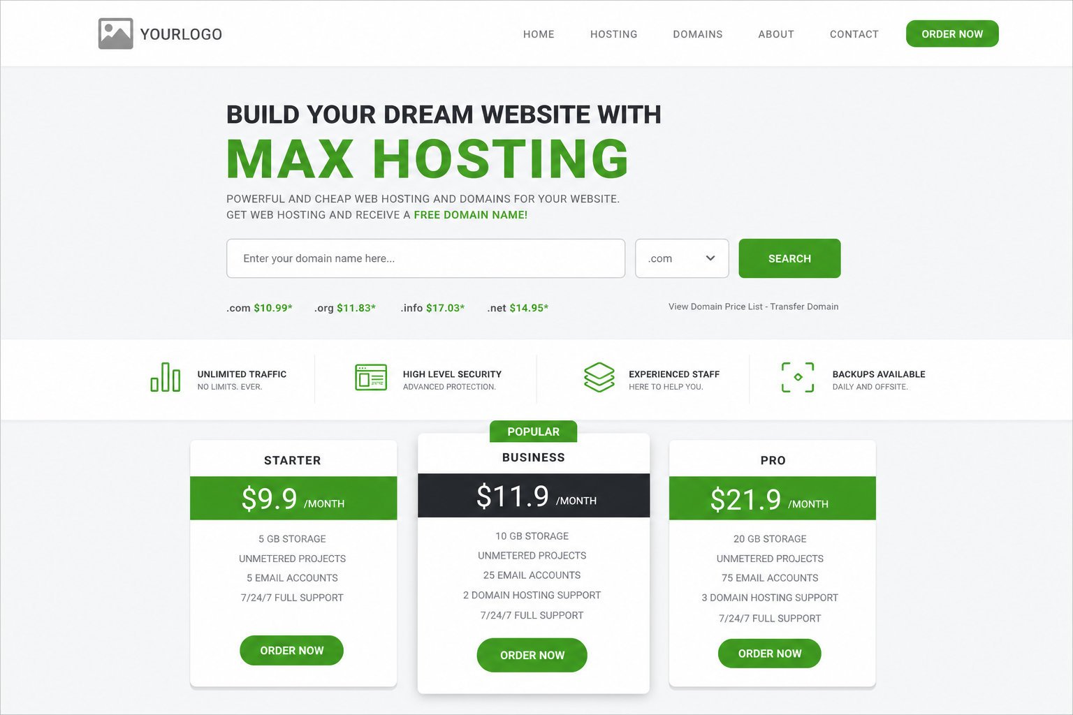 MaxHost branded hosting storefront homepage with a hero domain search, a feature bar, and green order pricing pills