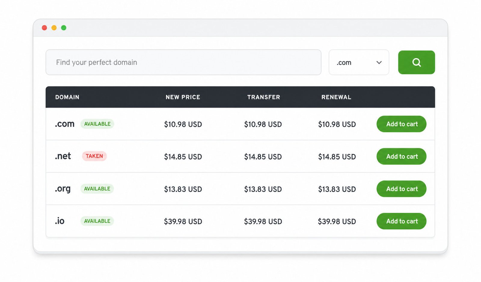 MaxHost AJAX domain search module with a search field, TLD selector, and available domain results with prices