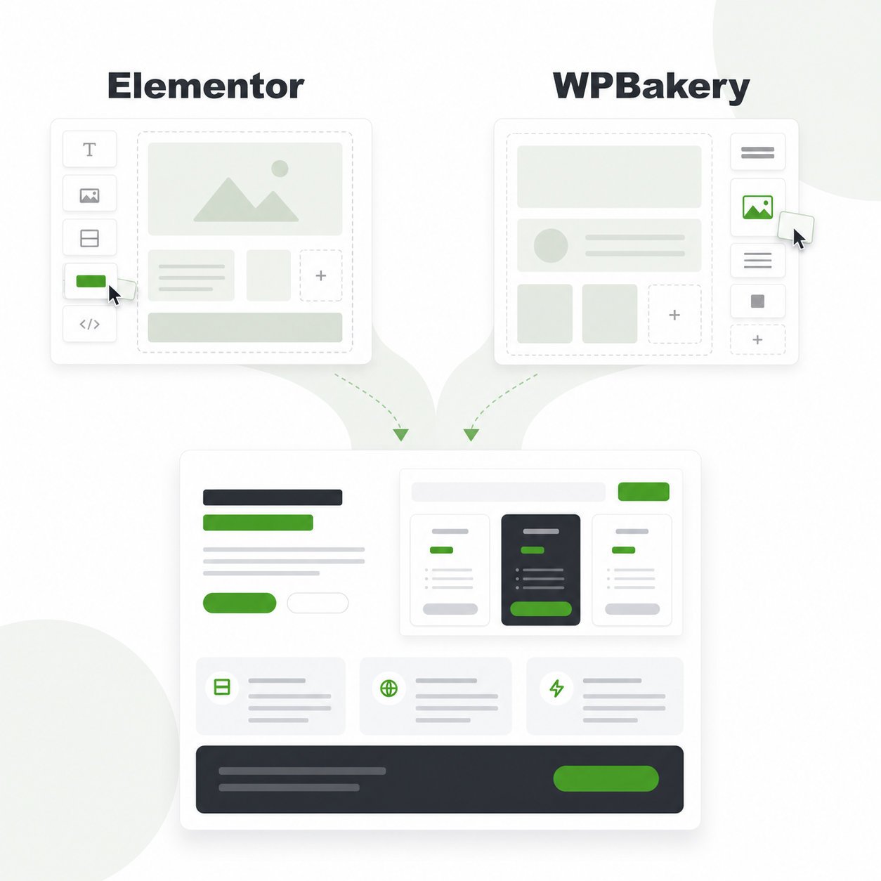 Concept of MaxHost's two bundled page builders, Elementor and WPBakery, building the same hosting page