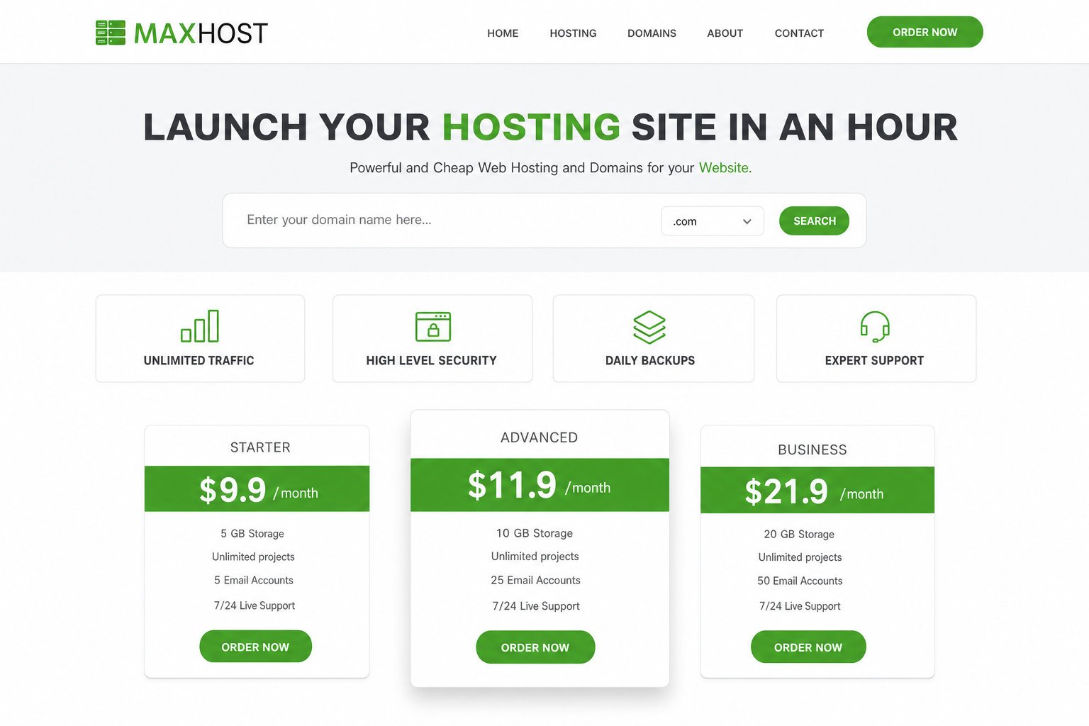 MaxHost hosting demo homepage with hero, domain search bar, and one-click import layout