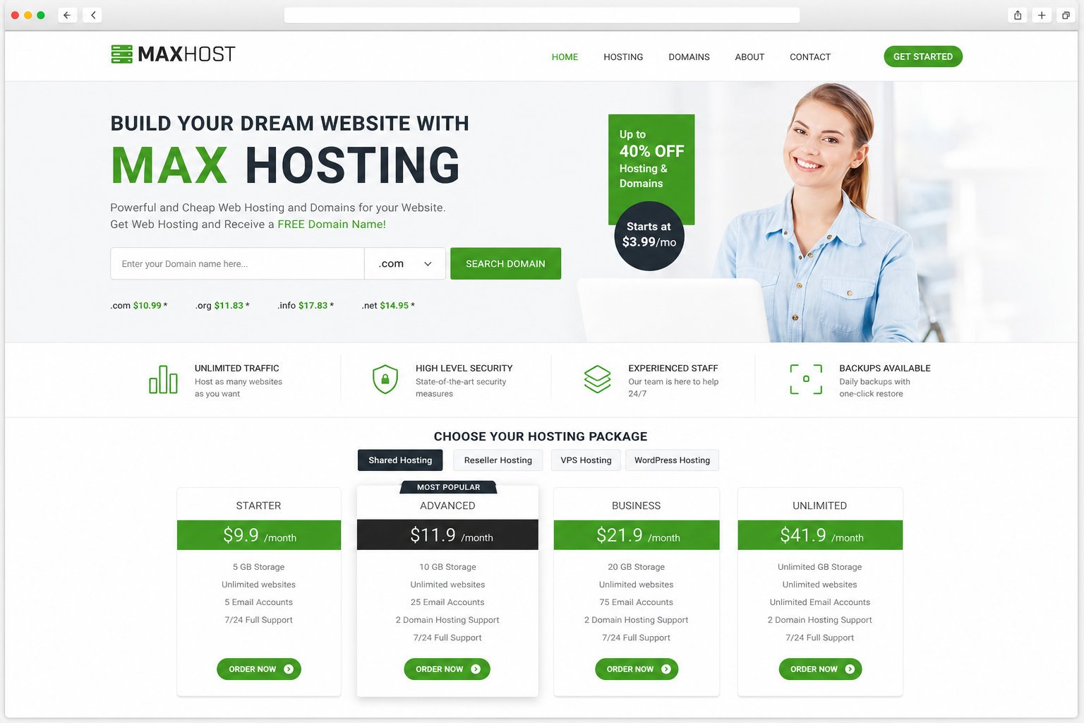 MaxHost hosting demo homepage with hero, domain search bar, and pricing cards you build with the license