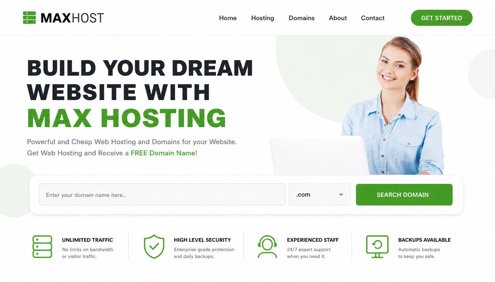 MaxHost hosting demo homepage with header nav, hero banner, and a domain search bar