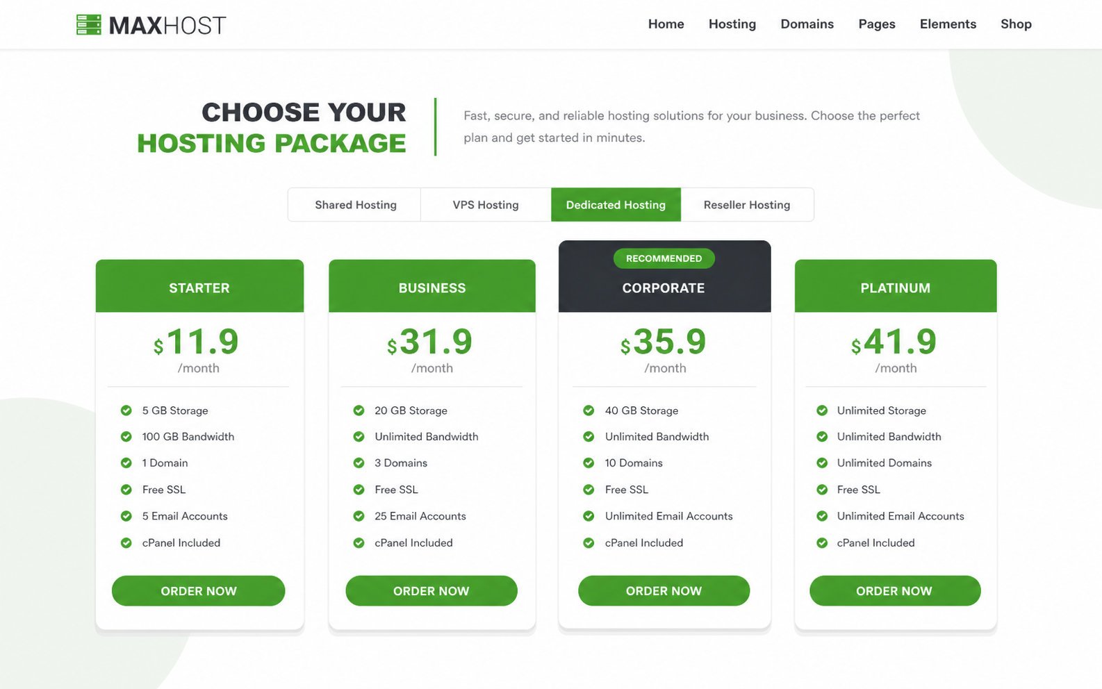 MaxHost hosting plan pricing tables with per-month prices, feature rows, and a highlighted recommended plan