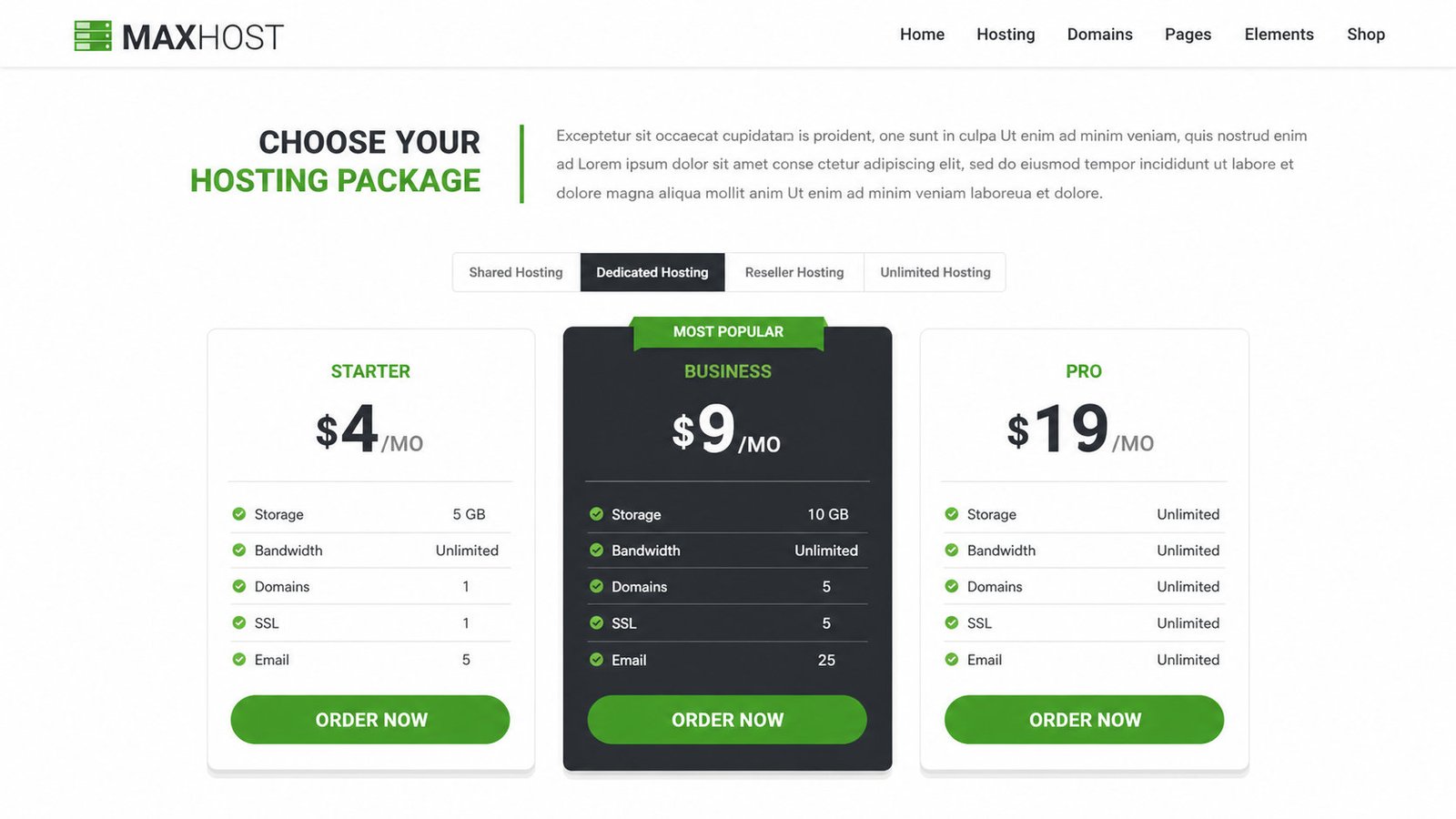 MaxHost pricing tables with plan cards, prices, feature checklists, and order buttons