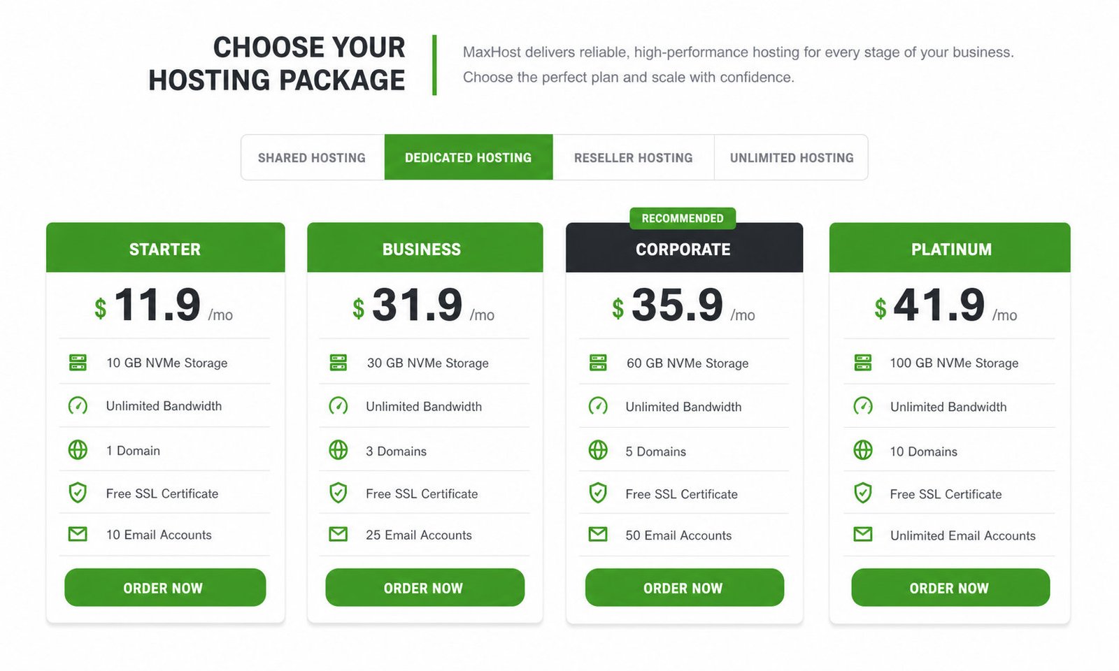 MaxHost hosting pricing tables with three plan cards, monthly prices, feature lists, and order buttons