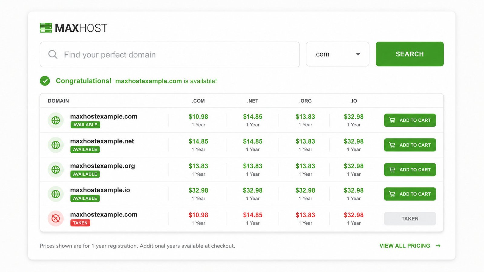 MaxHost AJAX domain-search module with TLD selector and available-domain results for a reseller store