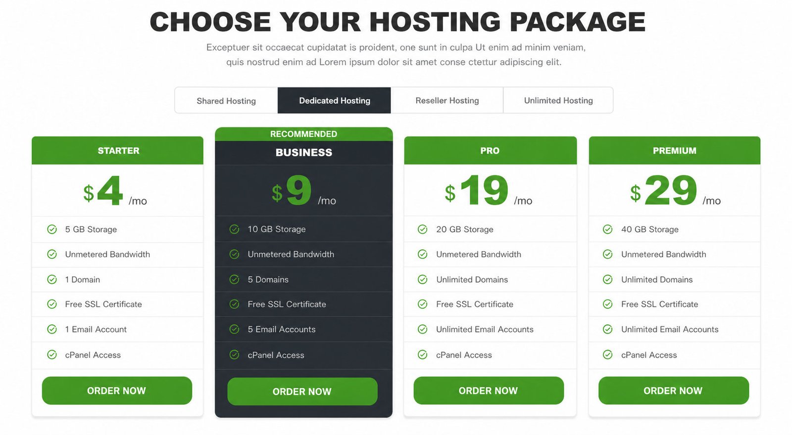 Branded MaxHost hosting pricing tables comparing plan tiers with features and order buttons