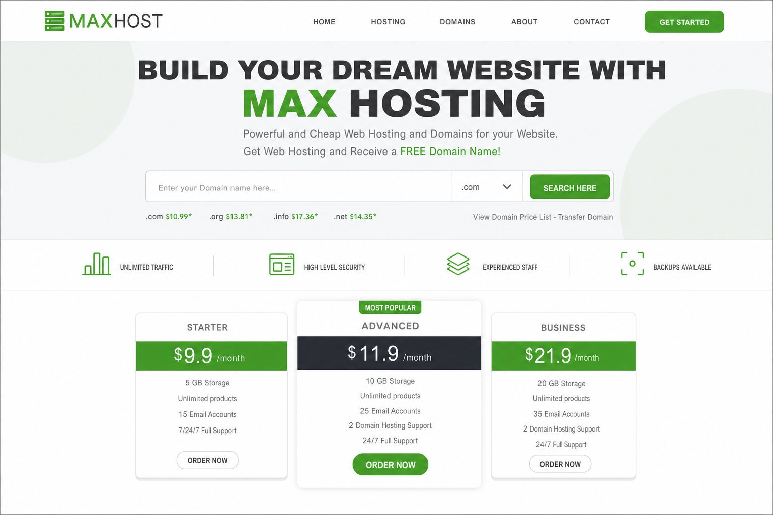 MaxHost reseller hosting homepage with header nav, hero domain-search bar, and plan pricing cards