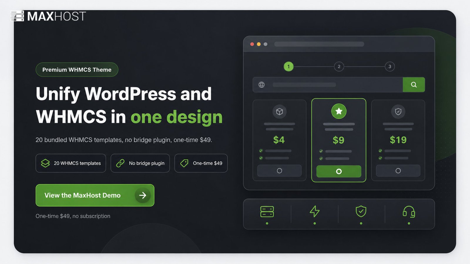 View the MaxHost demo: one unified WordPress and WHMCS design with 20 bundled templates and no bridge plugin