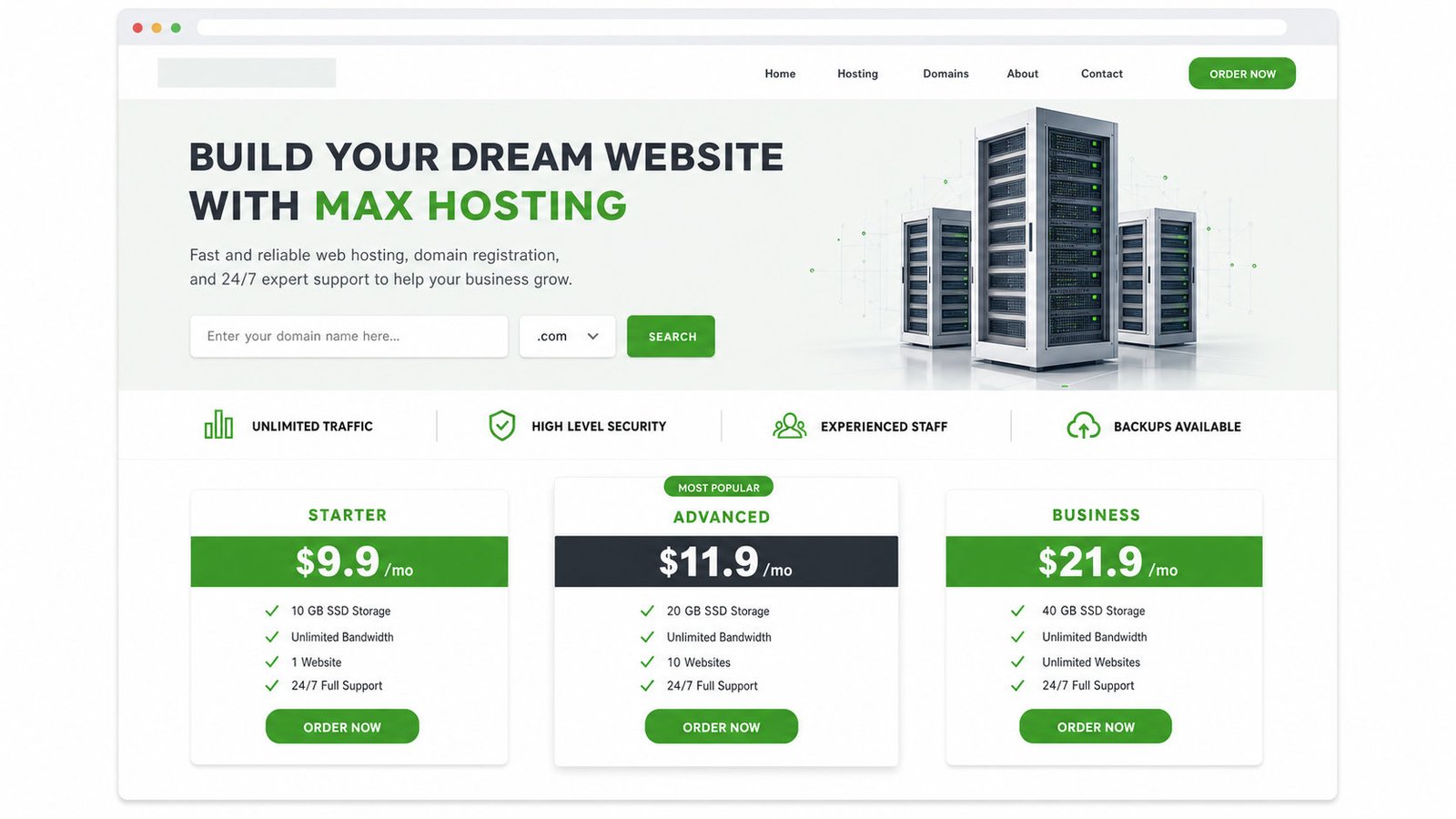 MaxHost hosting homepage demo with domain-search hero and plan pricing cards for a web hosting company