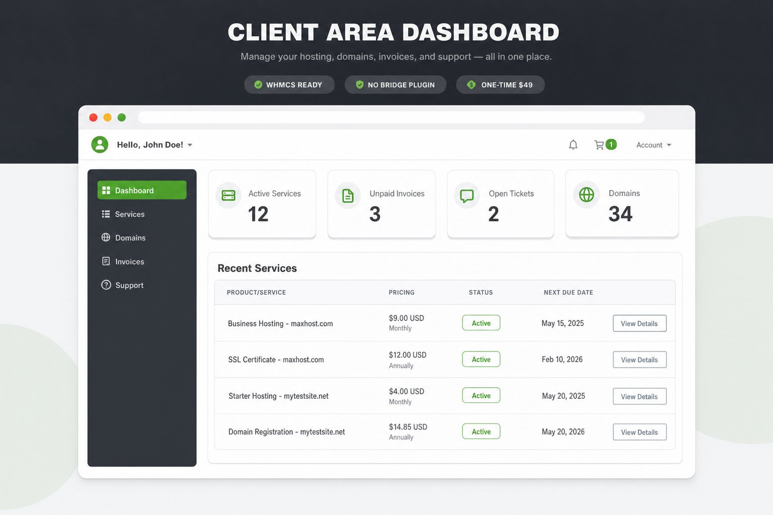 MaxHost skinned WHMCS client dashboard with cards for active services, unpaid invoices, open tickets, and domains