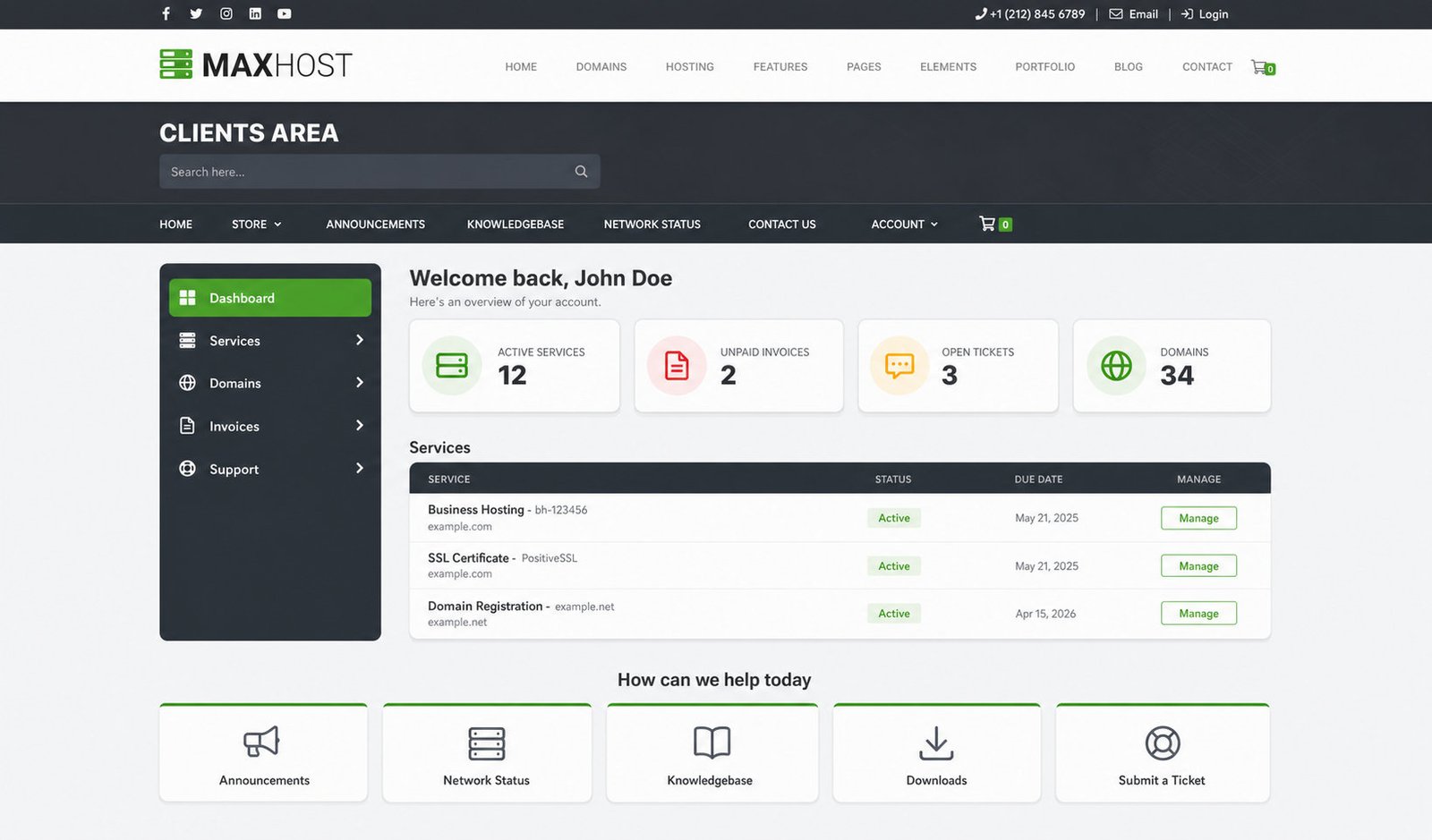 Skinned MaxHost WHMCS client dashboard showing active services, invoices, and support ticket cards