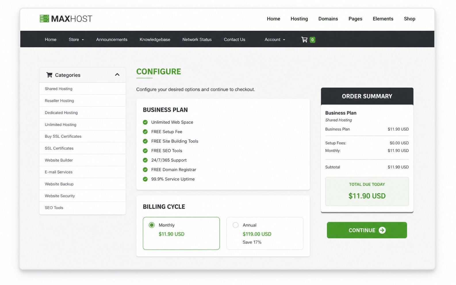 MaxHost WHMCS order form and cart with plan options, billing cycle, and a checkout button