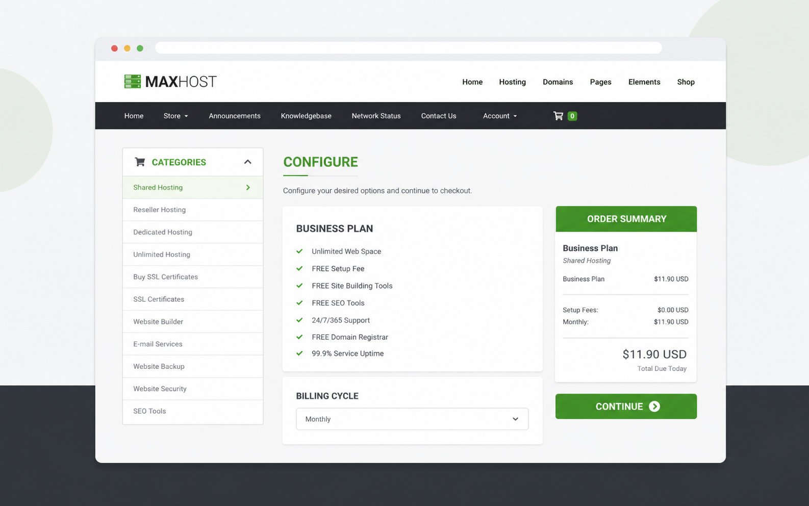 MaxHost skinned WHMCS order form with plan selection, configurable options, billing cycle, and a cart summary