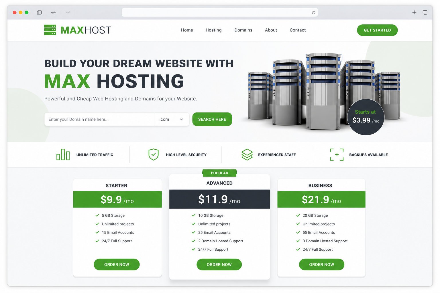 MaxHost WordPress hosting homepage with a hero domain search bar and pricing plan cards, the marketing front end