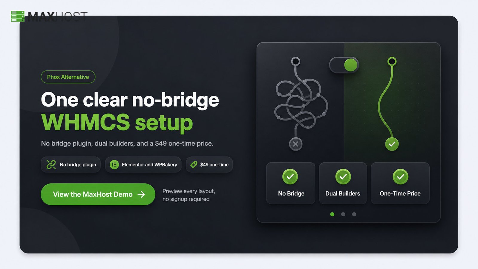 View the MaxHost demo: a no-bridge WHMCS theme with Elementor and WPBakery, a clear Phox alternative