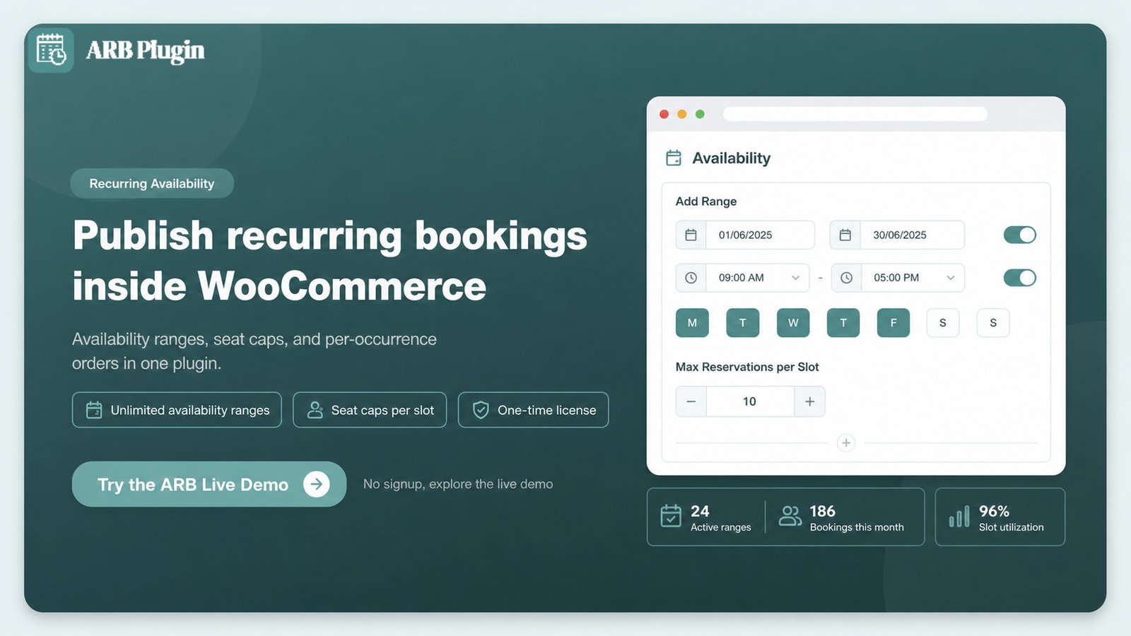 Try the ARB live demo: recurring availability, seat caps, and per-occurrence WooCommerce orders in one plugin