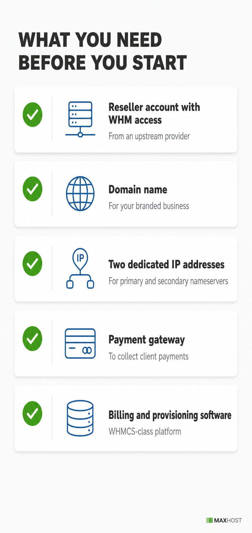 Checklist of what you need before starting a reseller hosting business, including two dedicated IPs