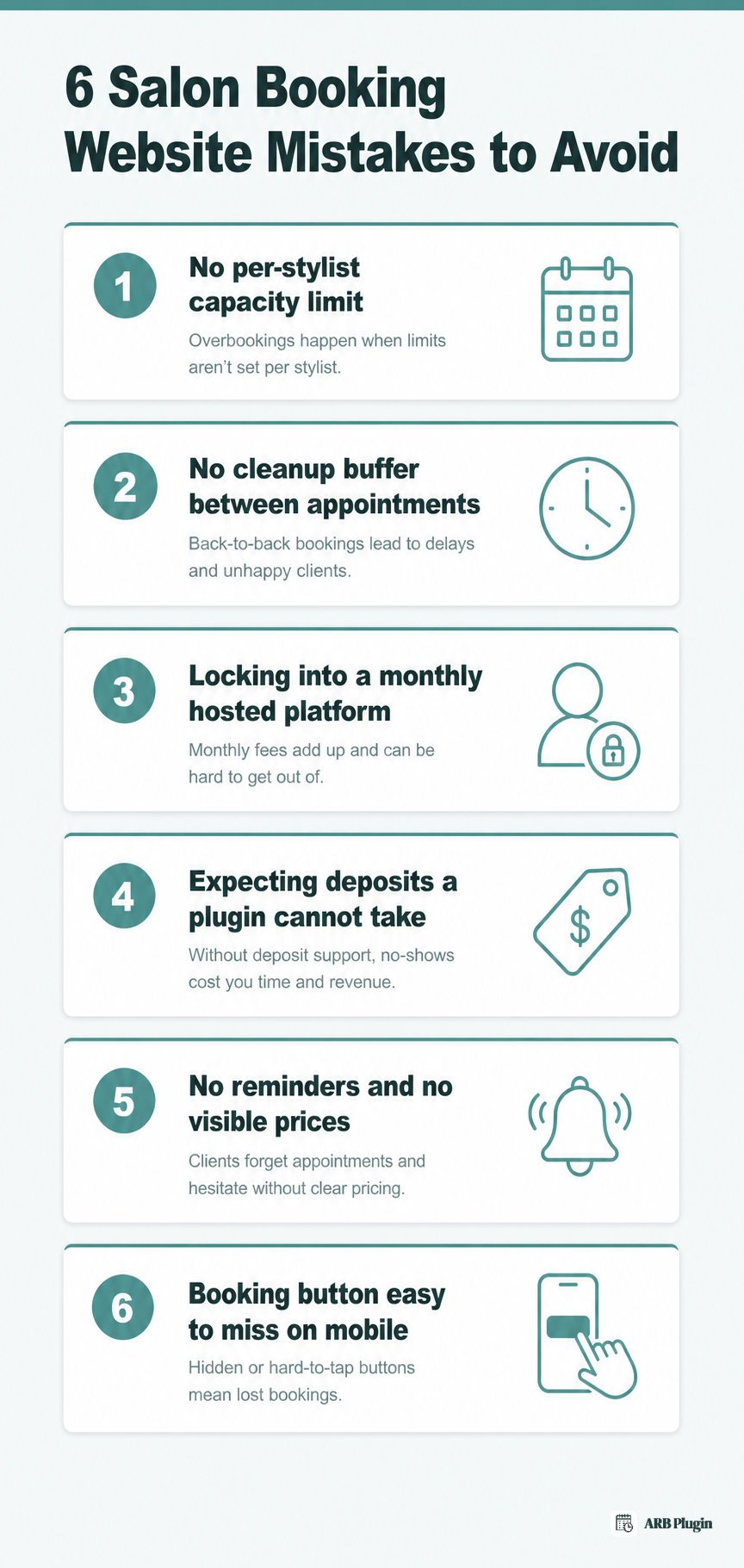 Six common salon booking website mistakes to avoid, from missing capacity limits to no cleanup buffers or reminders.