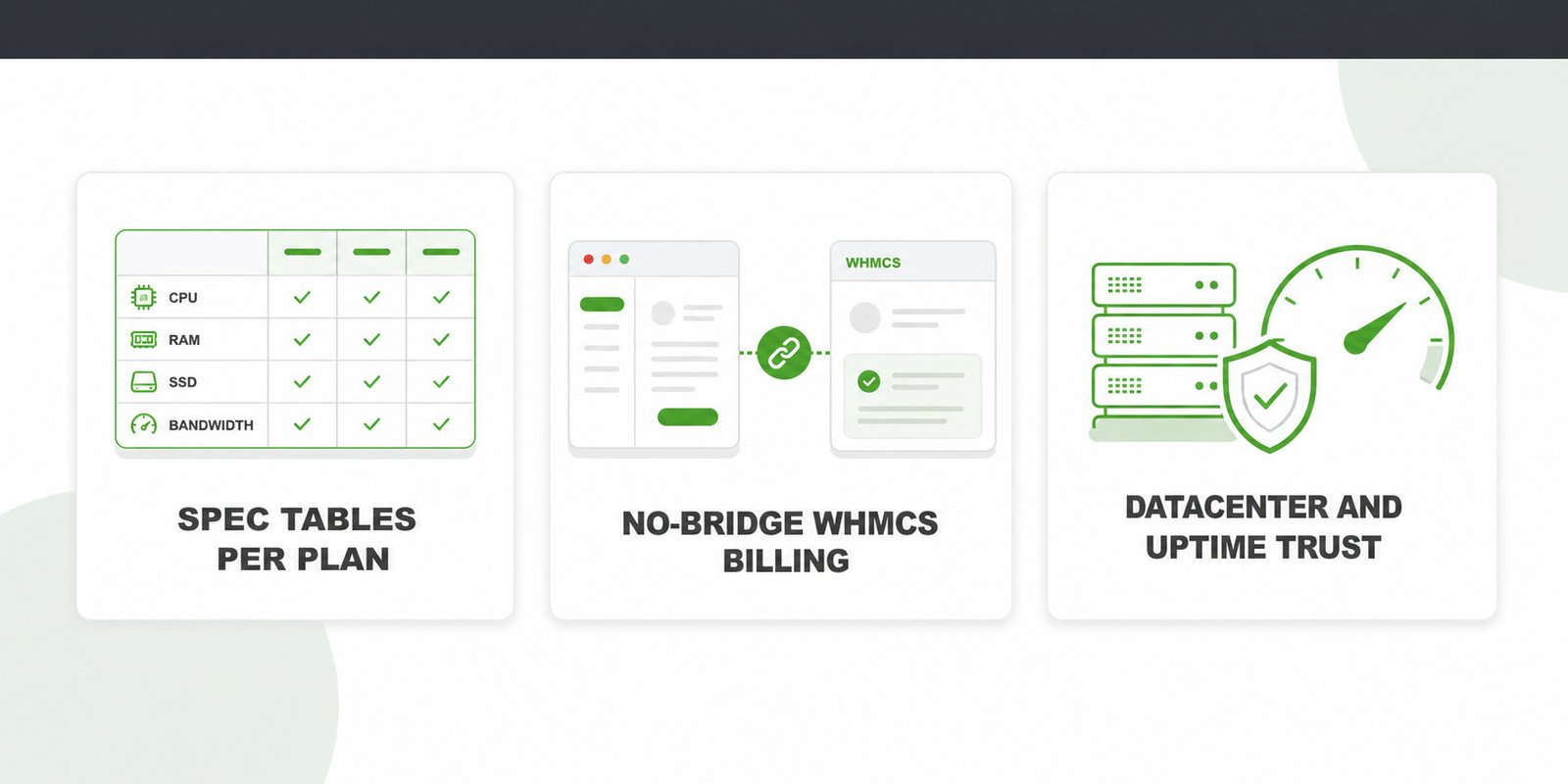 Three needs of a server host from a theme: spec tables, no-bridge WHMCS billing, trust signals