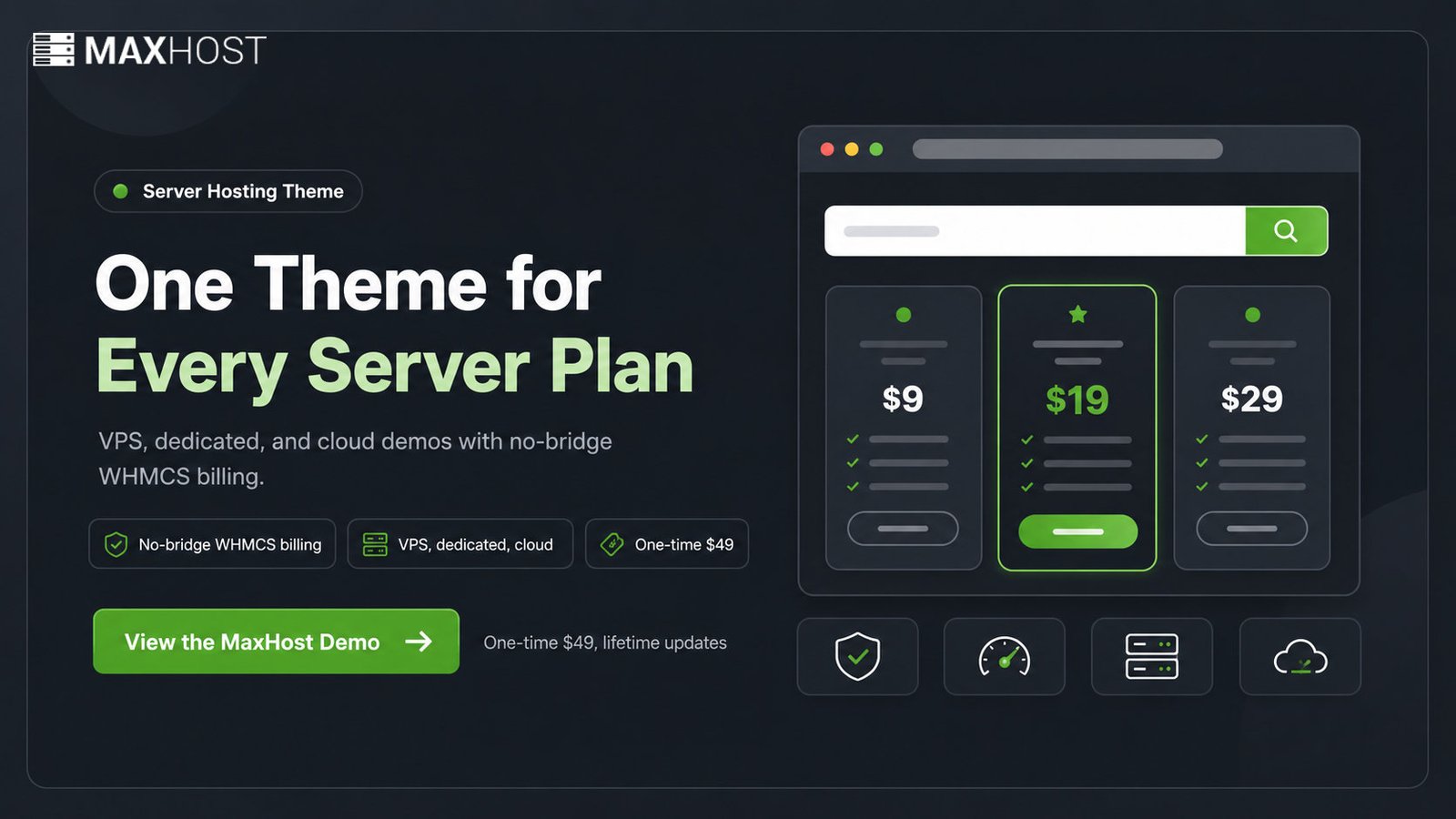 View the MaxHost demo: one WordPress theme for VPS, dedicated, and cloud server hosting