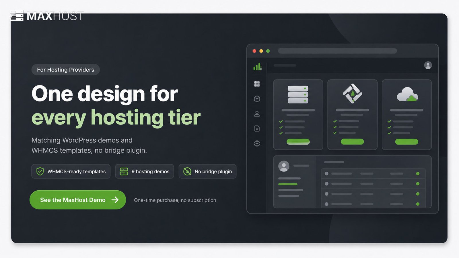 See the MaxHost demo: matching WordPress demos and WHMCS templates for every hosting tier, no bridge plugin