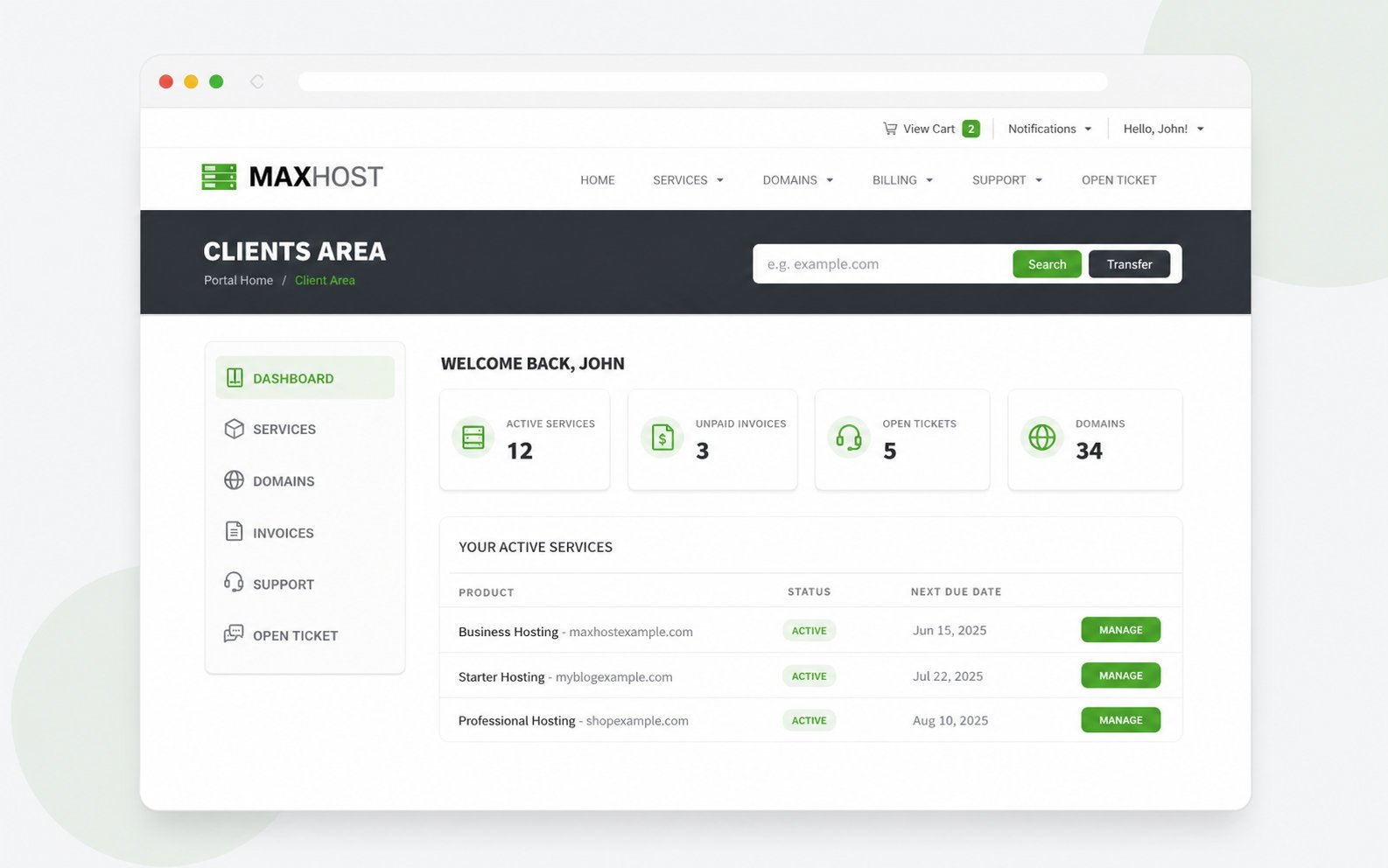 Skinned WHMCS client dashboard matching the WordPress site, with services, invoices, tickets, and domains cards
