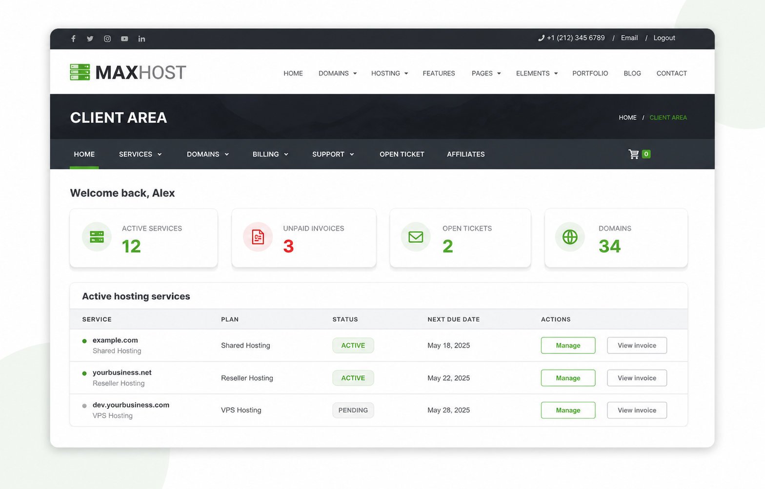 Skinned WHMCS client area matching the hosting site, with service, invoice, and ticket cards
