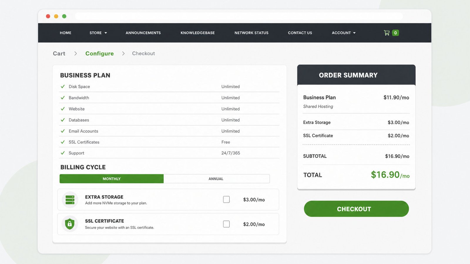 Skinned WHMCS order form and cart with plan options and a checkout button, matched to the hosting site design