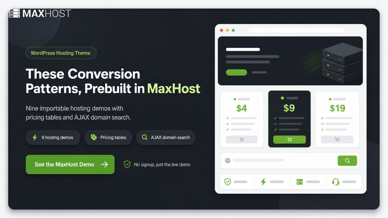 See the MaxHost demo: a hosting theme with prebuilt pricing tables and AJAX domain search
