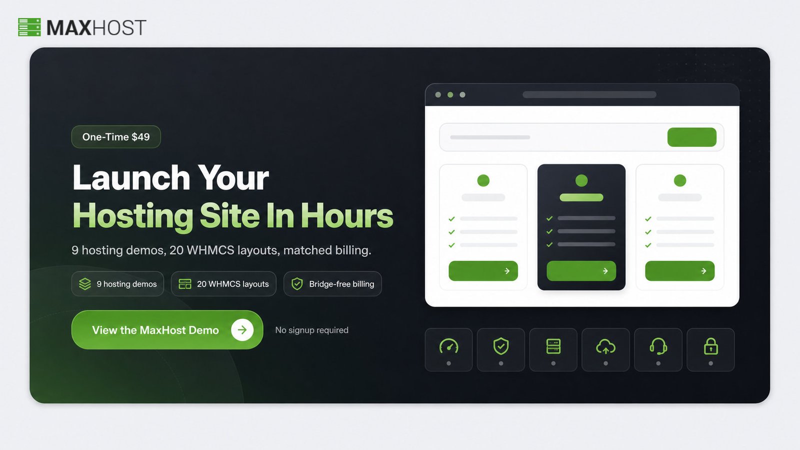 Launch a hosting site from a ready template: view the MaxHost live demo with 9 hosting demos and 20 WHMCS layouts