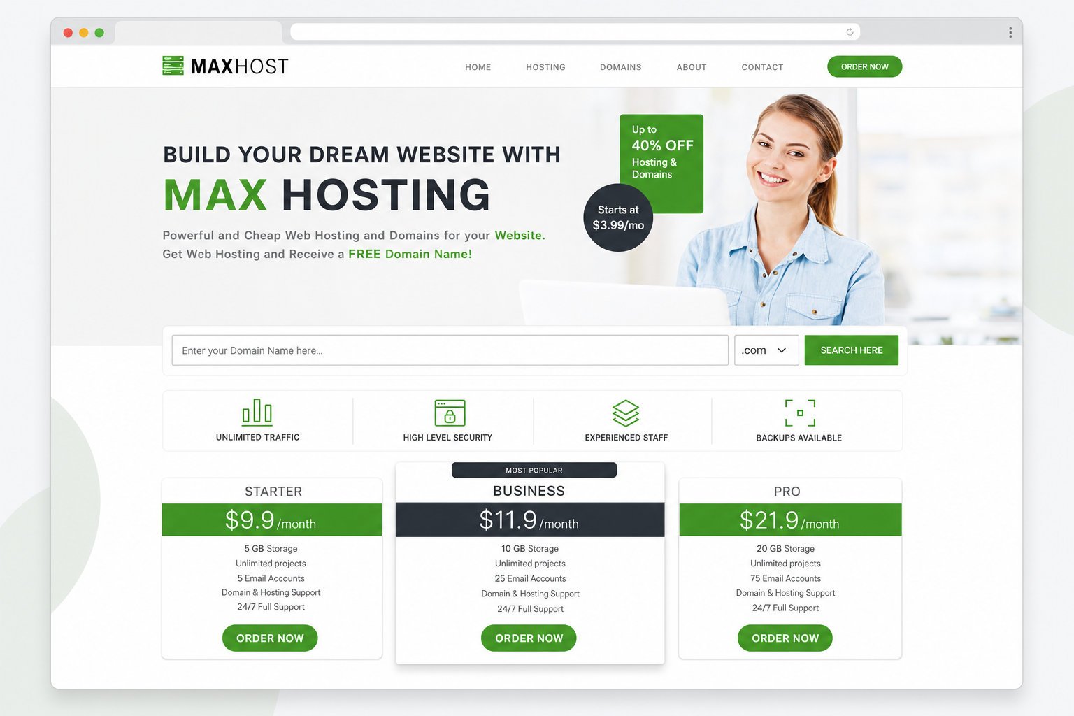 Ready-made web hosting homepage with hero banner, domain search bar, and hosting plan pricing cards