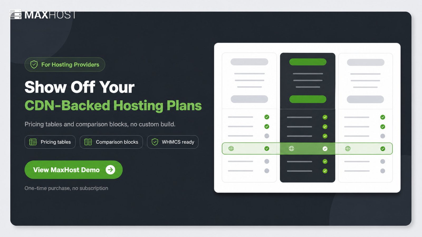 View the MaxHost demo: pricing tables and comparison blocks to sell CDN-backed hosting plans