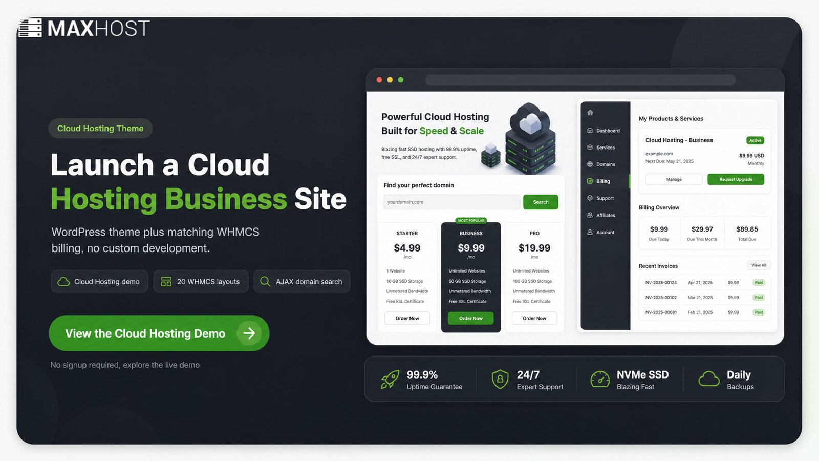 Launch a cloud hosting business site with MaxHost's WordPress theme and matching WHMCS billing area
