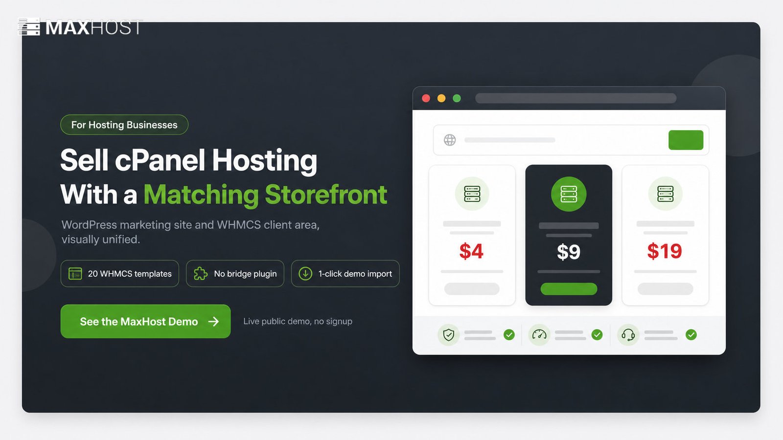 See the MaxHost demo: a WordPress and WHMCS theme for selling cPanel hosting with a matching storefront