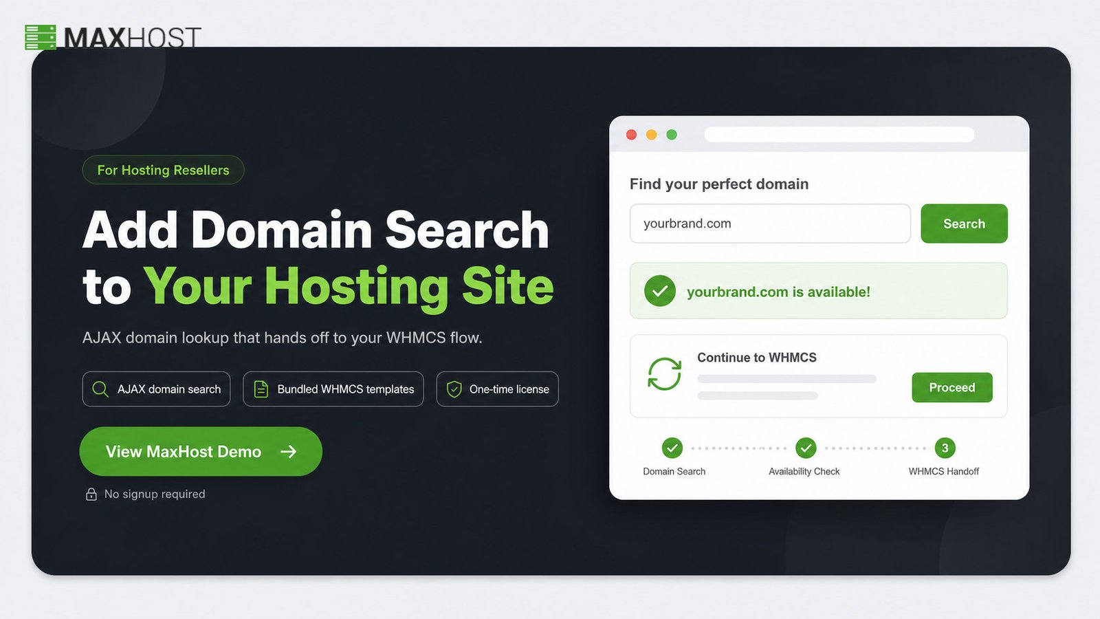 Add MaxHost's AJAX domain search to your WordPress hosting site with a bundled WHMCS handoff