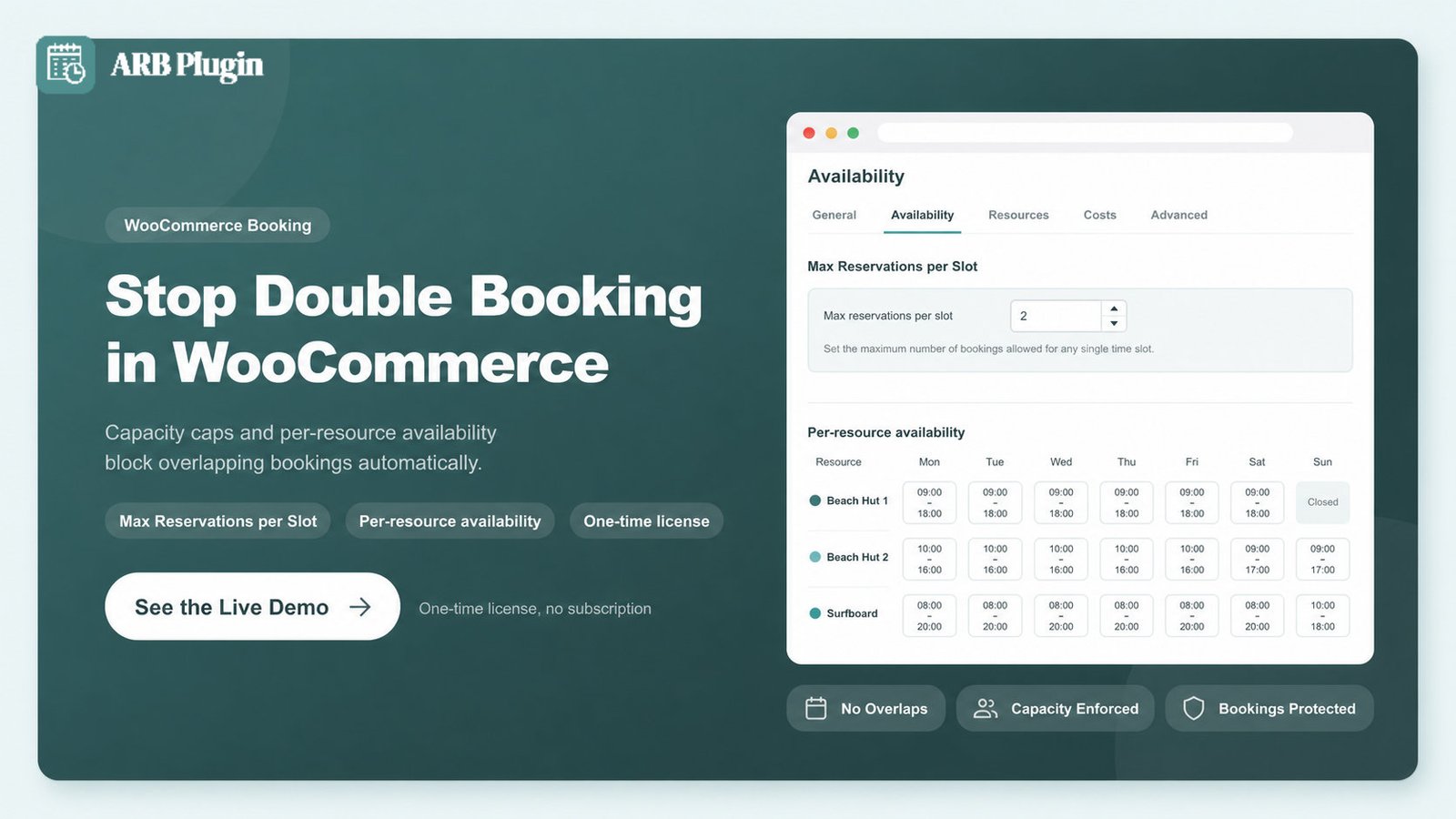 See the ARB live demo: stop WooCommerce double booking with capacity caps and per-resource availability