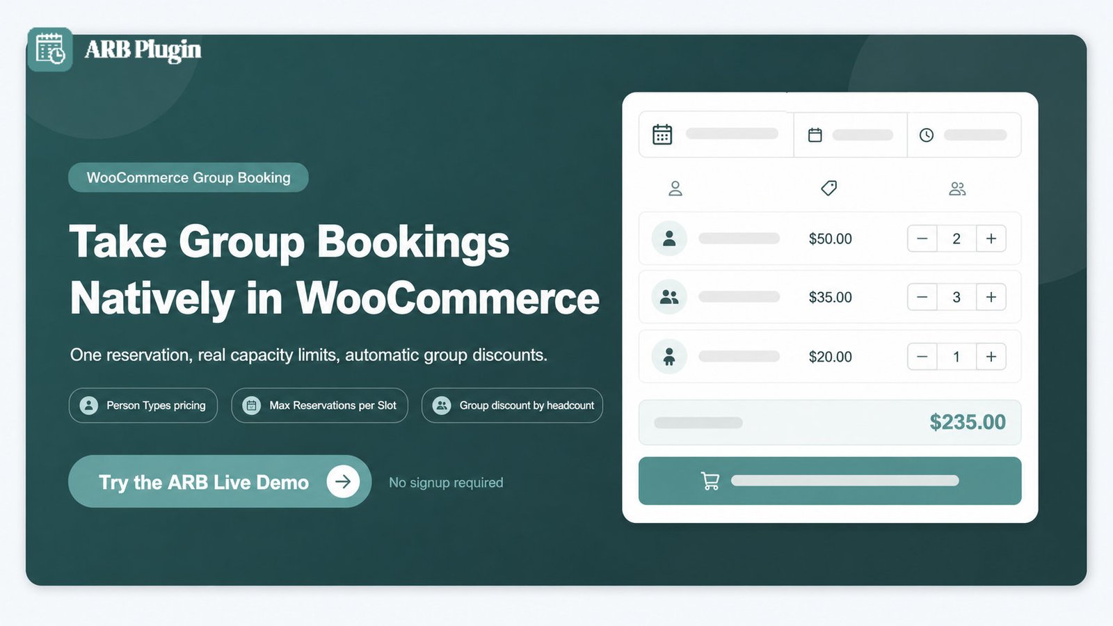 Take group bookings natively in WooCommerce with ARB: person-type pricing, capacity caps, and automatic group discounts