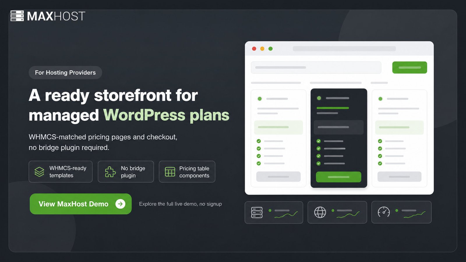 View the MaxHost demo: sell managed WordPress plans with WHMCS-matched pricing pages and checkout