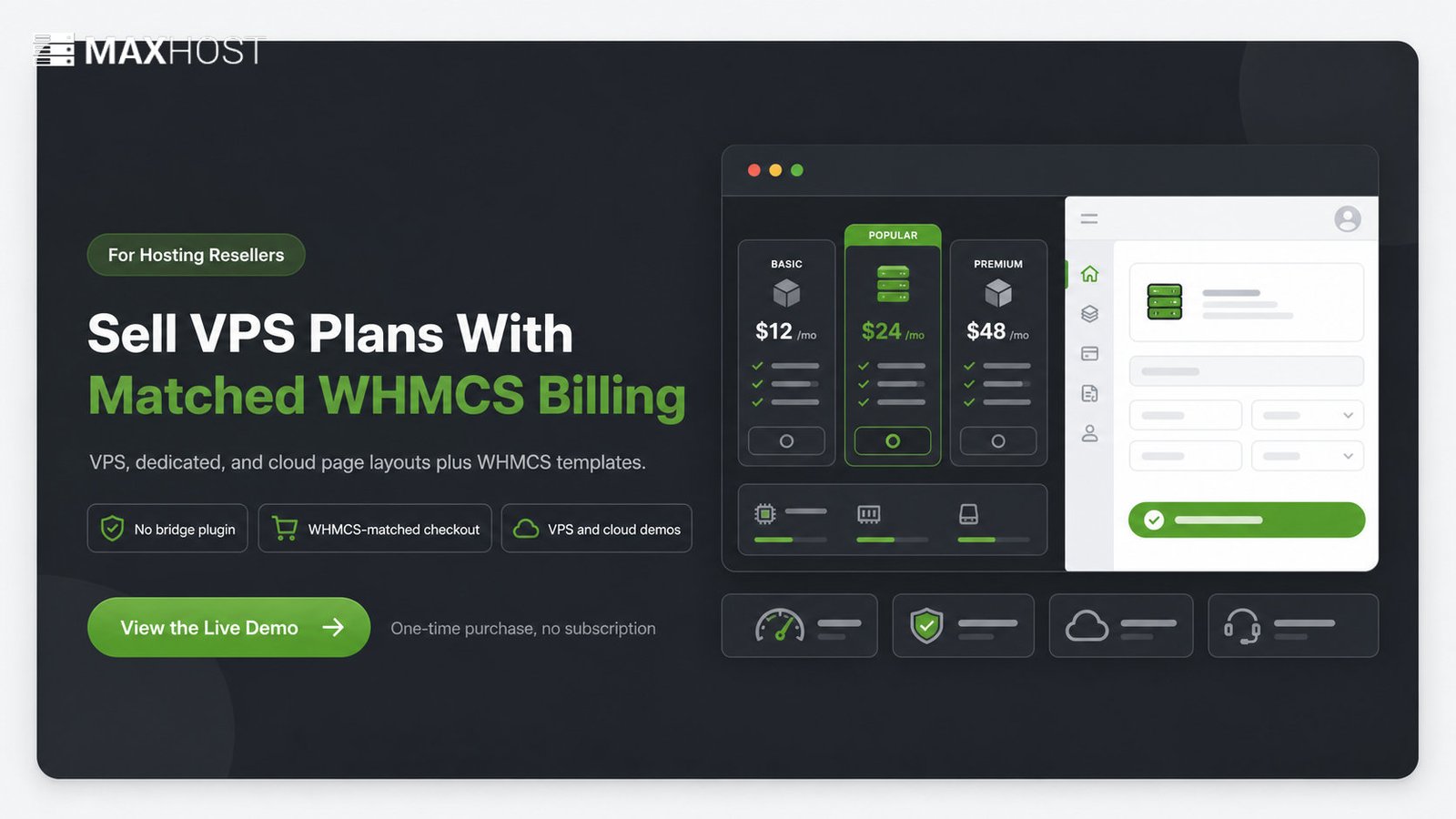 MaxHost WordPress theme: VPS, dedicated, and cloud hosting layouts with WHMCS-matched billing, no bridge plugin