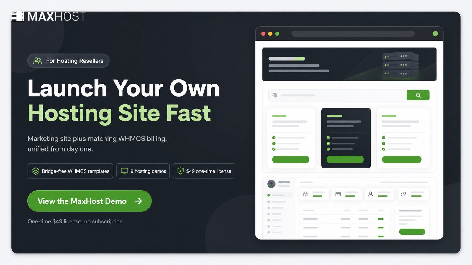 Launch your own branded web hosting site with MaxHost's WordPress theme and matching WHMCS templates