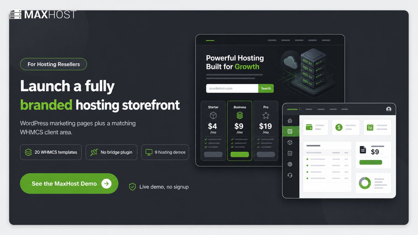 See the MaxHost demo: launch a fully branded hosting storefront with WHMCS templates and hosting demos