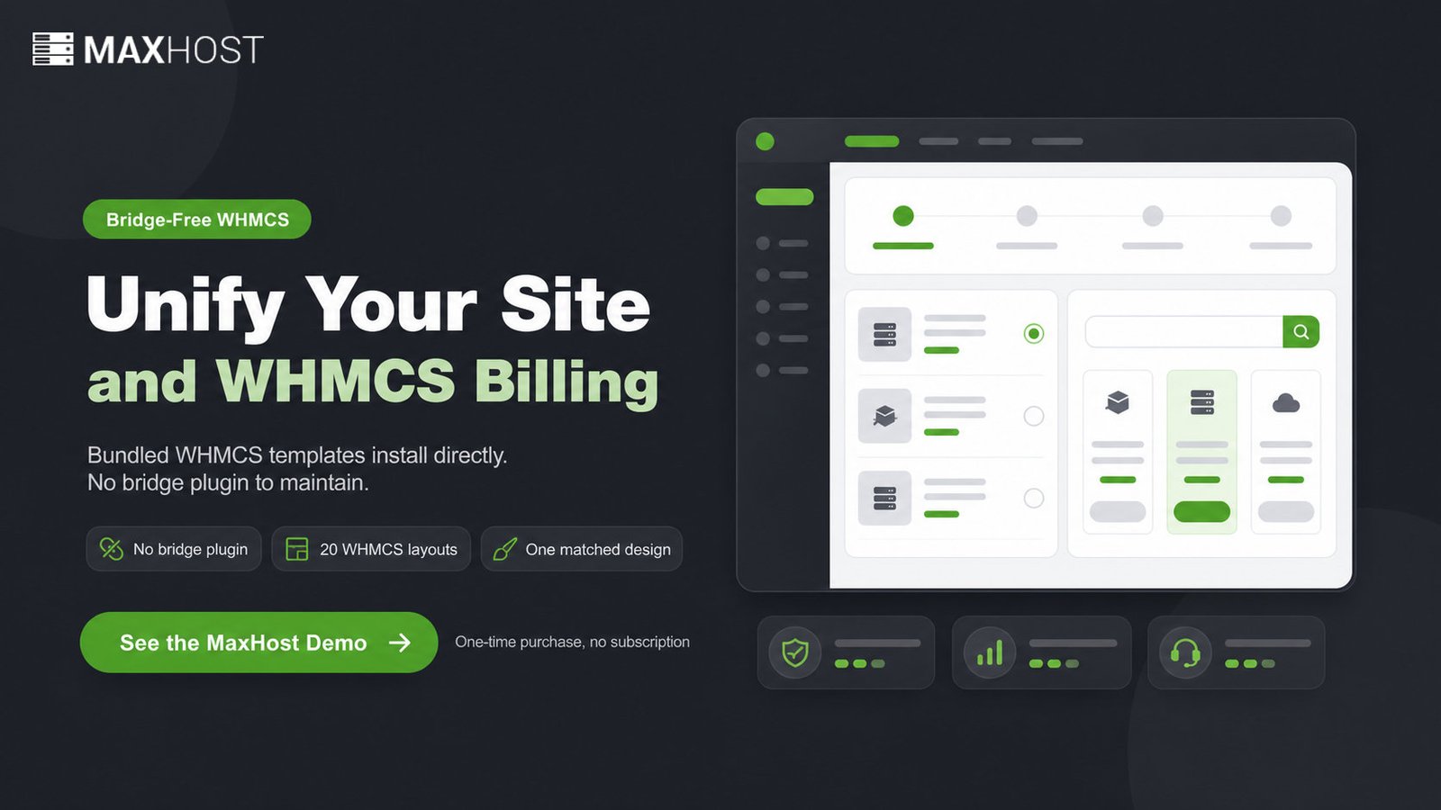 See the MaxHost demo: bundled WHMCS templates that skin WHMCS to match your WordPress site, no bridge plugin