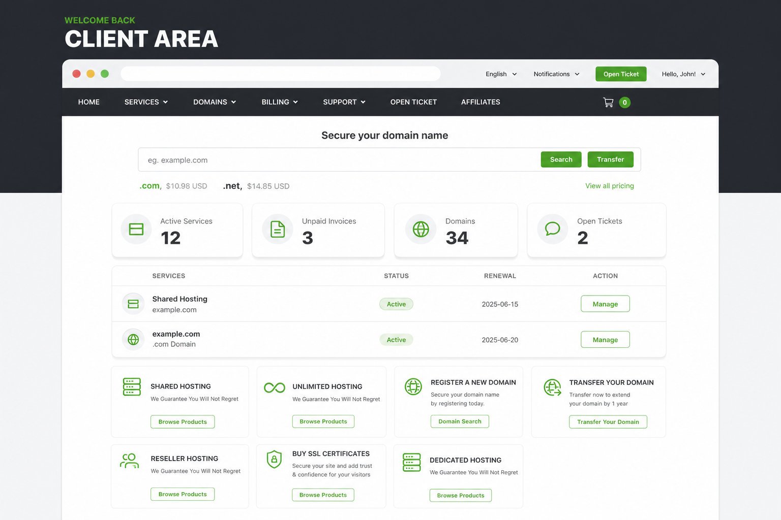 Skinned WHMCS client area dashboard with cards for active services, unpaid invoices, domains, and support tickets