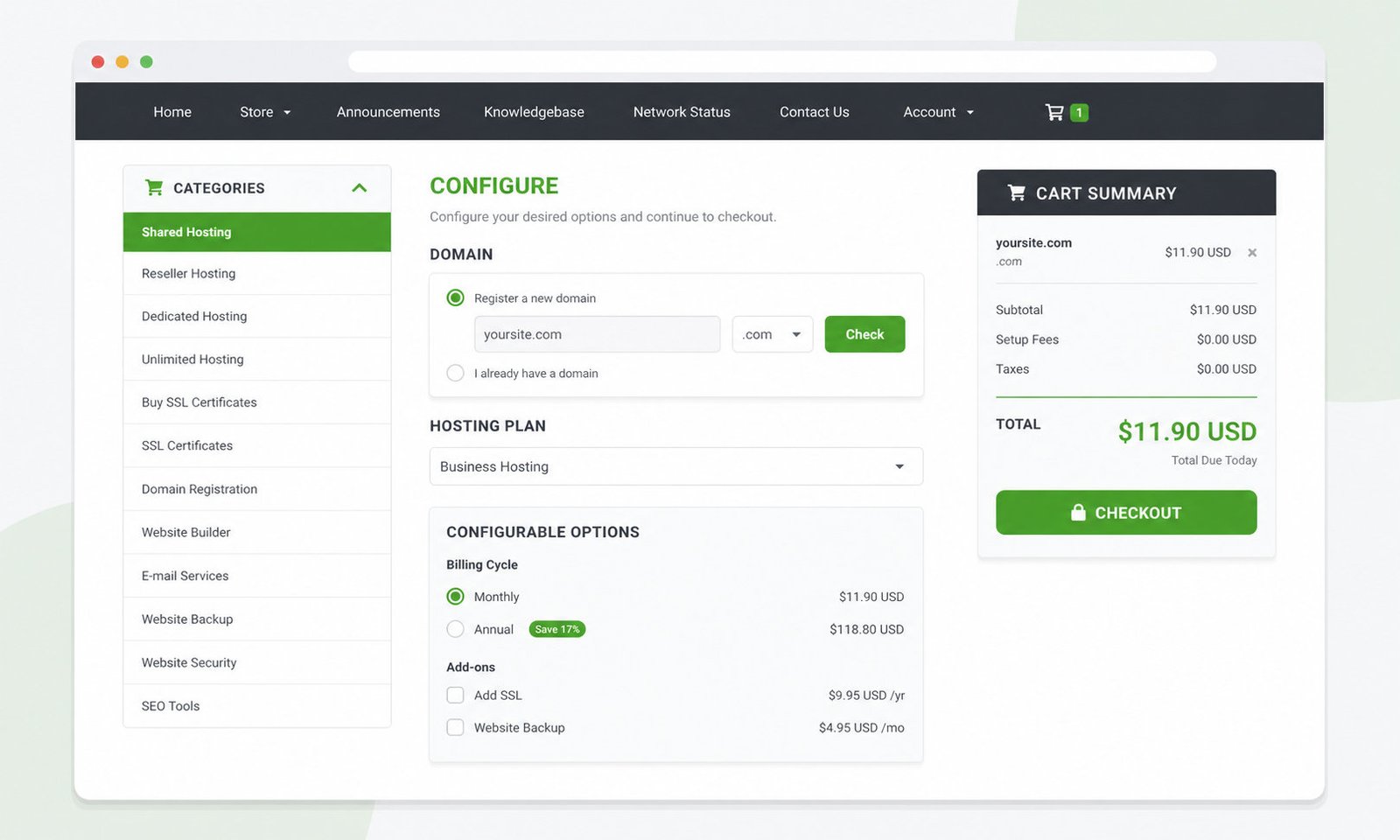 Branded WHMCS order form and cart where a domain search routes to checkout with configurable options and a total