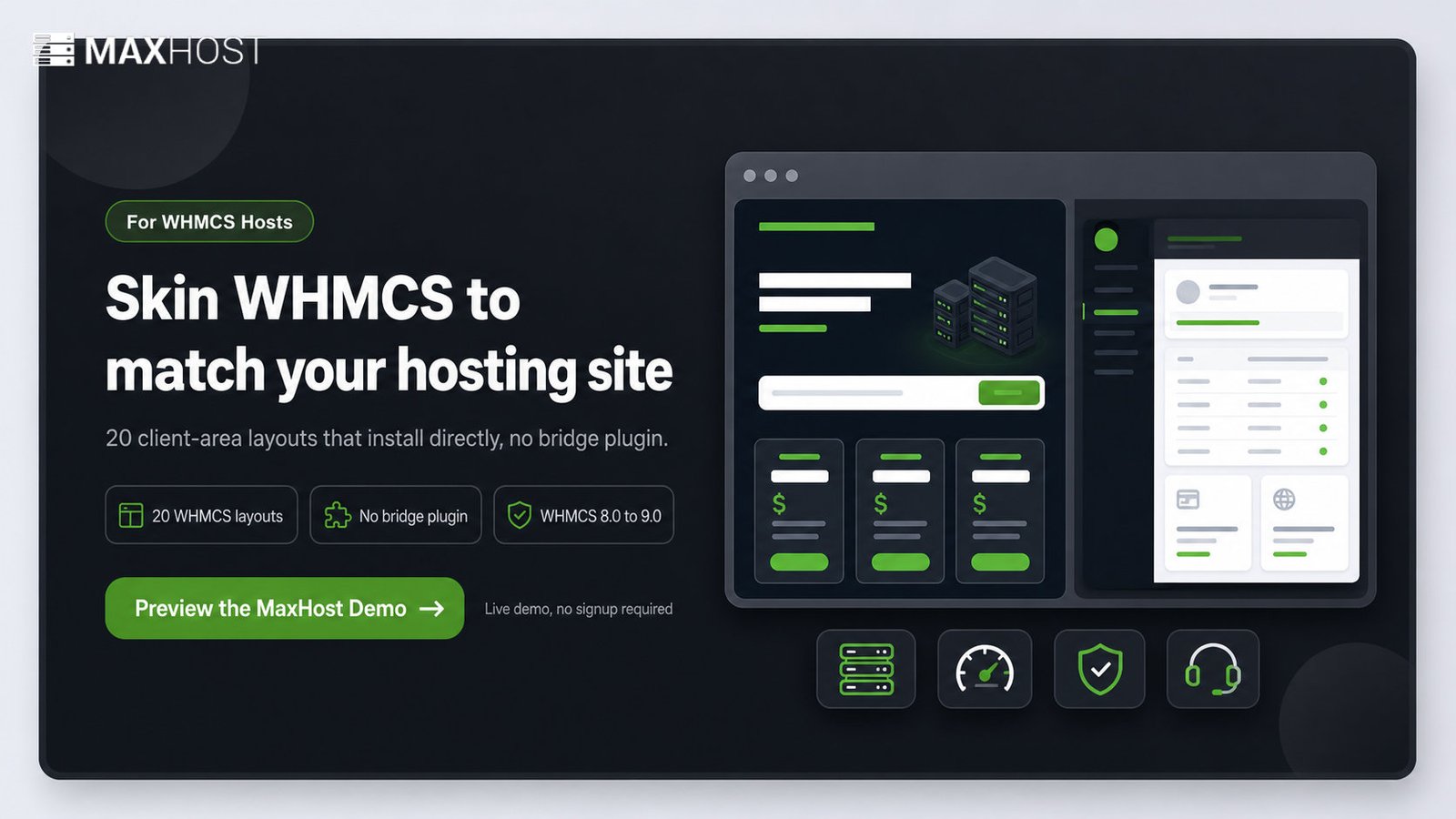 Preview MaxHost: bundled WHMCS client-area templates that skin your billing to match your hosting site, no bridge plugin