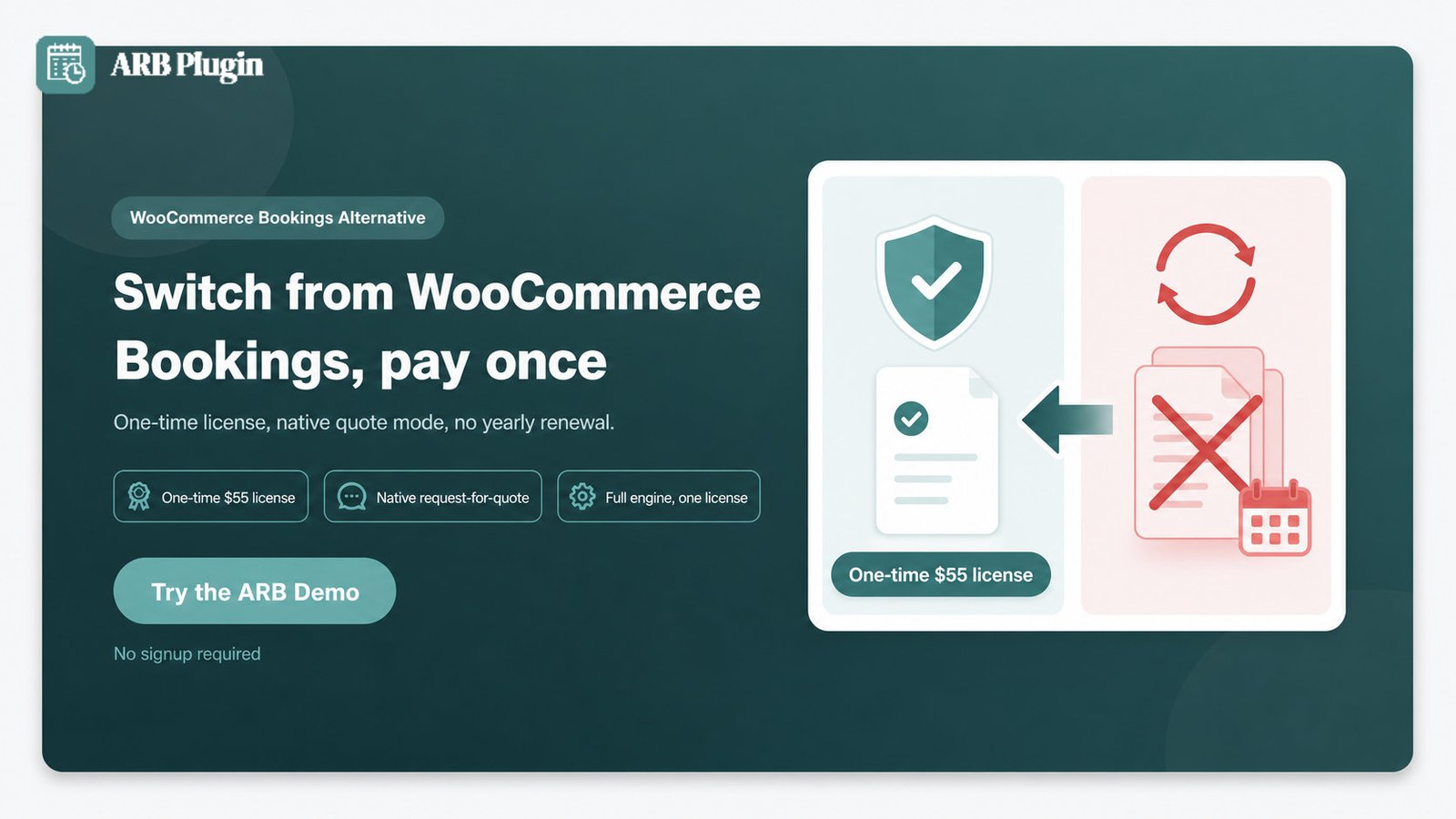 Switch from WooCommerce Bookings to ARB: one-time license, native quote mode, no yearly renewal.