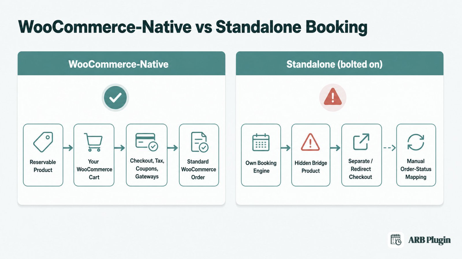 How WooCommerce-native booking reuses your cart and checkout while a standalone plugin routes through a hidden bridge